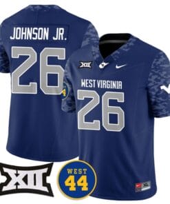 Justin Johnson Jr Jersey #26 West Virginia Mountaineers 2024 Vapor Limited Football Honor Jerry West Stitched Navy