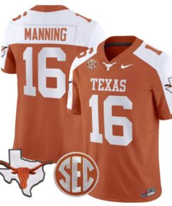 Arch Manning Jersey #16 Texas Longhorns State Map and Sec Patch Vapor Limited College Football Stitched Orange Alternate