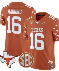 Arch Manning Jersey #16 Texas Longhorns State Map and Sec Patch Vapor Limited College Football Stitched Texas Orange