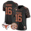 Arch Manning Jersey #16 Texas Longhorns State Map and Sec Patch Vapor Limited College Football Stitched Black