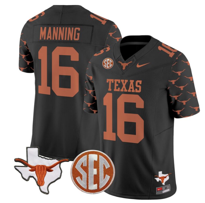 Arch Manning Jersey #16 Texas Longhorns State Map and Sec Patch Vapor Limited College Football Stitched Black 8 Arch Manning Jersey #16 Texas Longhorns State Map and Sec Patch Vapor Limited College Football Stitched Black