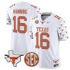 Arch Manning Jersey #16 Texas Longhorns State Map and Sec Patch Vapor Limited College Football Stitched White