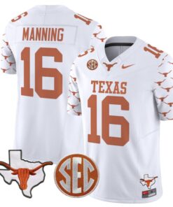 Arch Manning Jersey #16 Texas Longhorns State Map and Sec Patch Vapor Limited College Football Stitched White