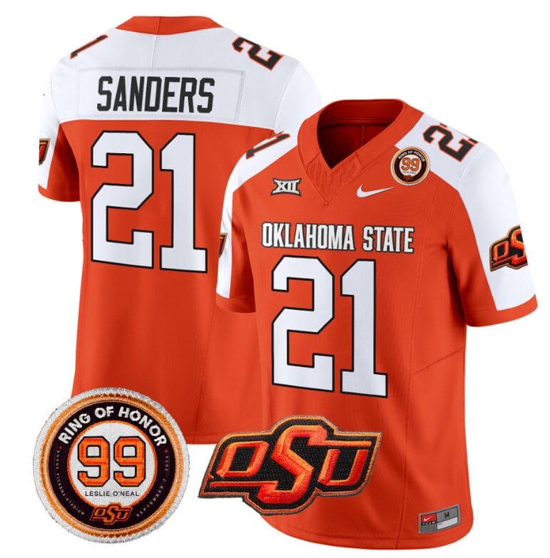 Barry Sanders Jersey #21 Oklahoma State Cowboys Leslie O'neal Patch Vapor Limited College Football Stitched Orange Alternate 8 Barry Sanders Jersey #21 Oklahoma State Cowboys Leslie O'neal Patch Vapor Limited College Football Stitched Orange Alternate