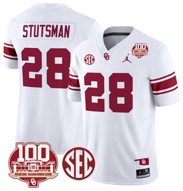 Danny Stutsman Jersey #28 Oklahoma Sooners 100th Anniversary Patch Vapor Limited College Football Stitched White 8 Danny Stutsman Jersey #28 Oklahoma Sooners 100th Anniversary Patch Vapor Limited College Football Stitched White