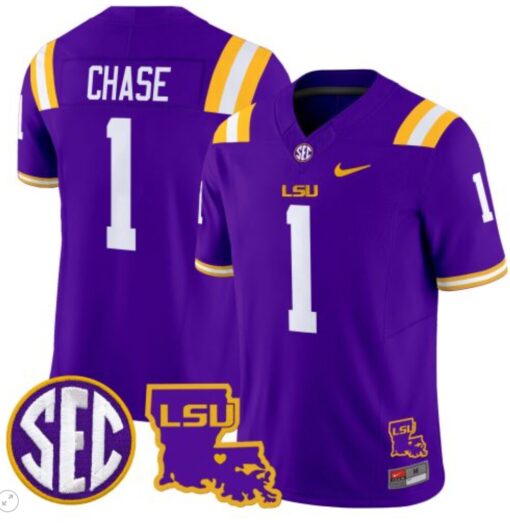 Ja'Marr Chase Jersey #1 LSU Tigers 2024 Louisiana Patch Vapor Limited College Football Stitched Purple