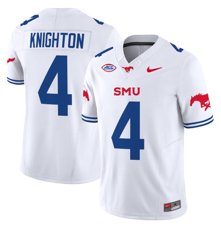 Jaylan Knighton Jersey #4 SMU Mustangs Icy College Football Vapor Limited White 8 Jaylan Knighton Jersey #4 SMU Mustangs Icy College Football Vapor Limited White