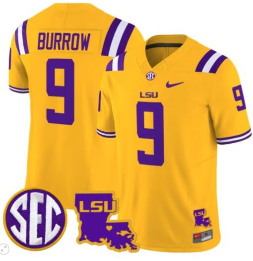 Joe Burrow Jersey #9 LSU Tigers 2024 Louisiana Patch Vapor Limited College Football Stitched Gold