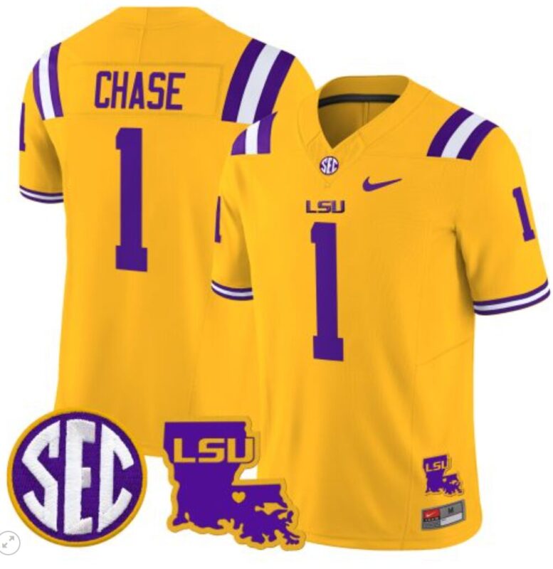 Ja'Marr Chase Jersey #1 LSU Tigers 2024 Louisiana Patch Vapor Limited College Football Stitched Gold 8 Ja'Marr Chase Jersey #1 LSU Tigers 2024 Louisiana Patch Vapor Limited College Football Stitched Gold