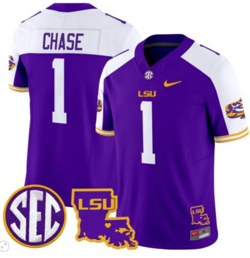 Ja'Marr Chase Jersey #1 LSU Tigers 2024 Louisiana Patch Vapor Limited College Football Stitched Purple Alternate