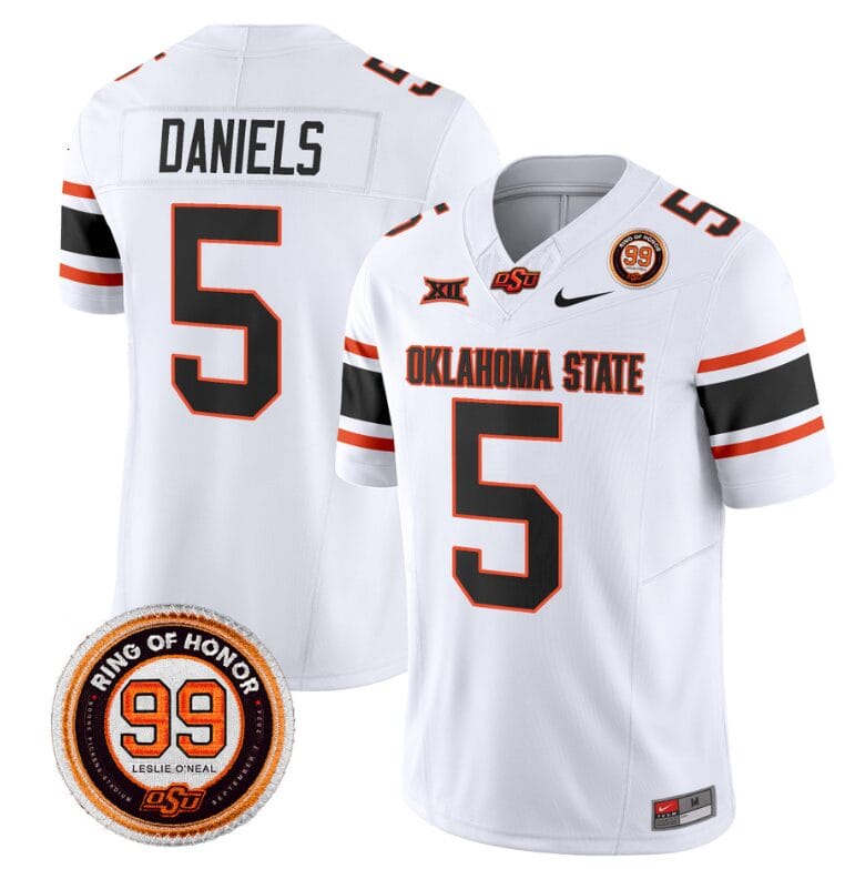 Kendal Daniels Jersey #5 Oklahoma State Cowboys Leslie O'neal Patch Vapor Limited College Football Stitched White 8 Kendal Daniels Jersey #5 Oklahoma State Cowboys Leslie O'neal Patch Vapor Limited College Football Stitched White