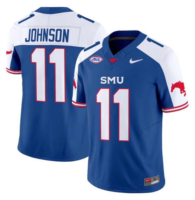 LJ Johnson Jr Jersey #11 SMU Mustangs Icy College Football Vapor Limited Blue Alternate 8 LJ Johnson Jr Jersey #11 SMU Mustangs Icy College Football Vapor Limited Blue Alternate