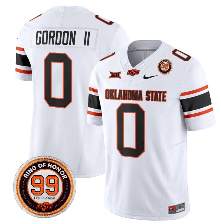 Ollie Gordon II Jersey #0 Oklahoma State Cowboys Leslie O'neal Patch Vapor Limited College Football Stitched White 8 Ollie Gordon II Jersey #0 Oklahoma State Cowboys Leslie O'neal Patch Vapor Limited College Football Stitched White