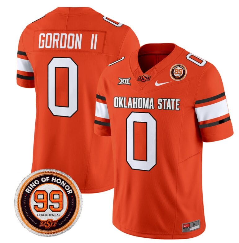 Ollie Gordon II Jersey #0 Oklahoma State Cowboys Leslie O'neal Patch Vapor Limited College Football Stitched Orange 8 Ollie Gordon II Jersey #0 Oklahoma State Cowboys Leslie O'neal Patch Vapor Limited College Football Stitched Orange