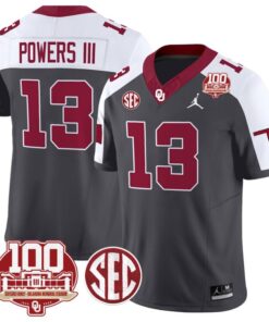 Reggie Powers III Jersey #13 Oklahoma Sooners 100th Anniversary Patch Vapor Limited College Football Stitched Anthracite Alternate
