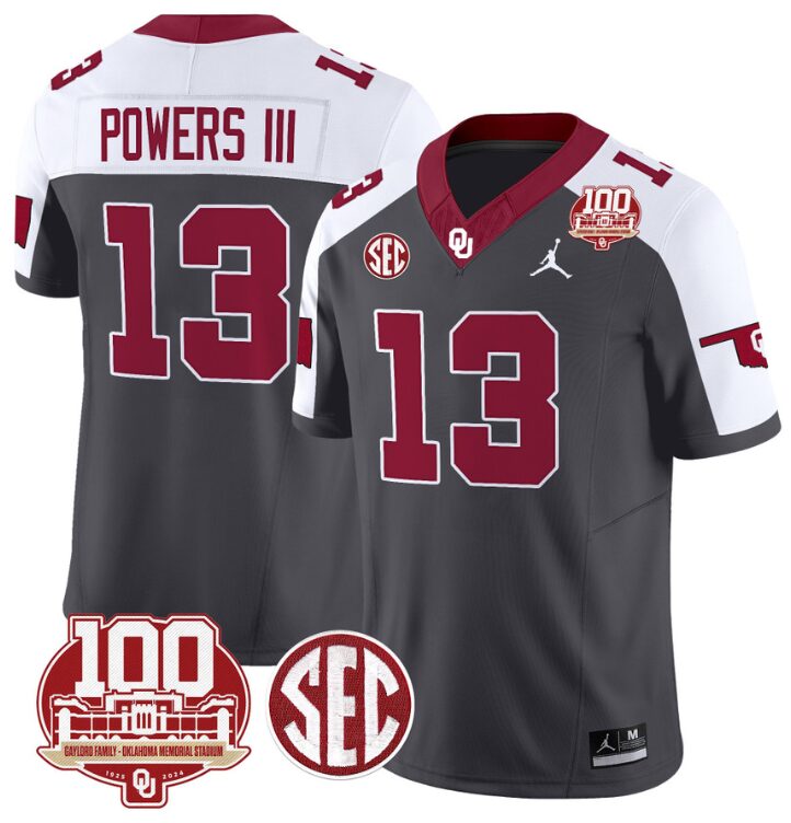 Reggie Powers III Jersey #13 Oklahoma Sooners 100th Anniversary Patch Vapor Limited College Football Stitched Anthracite Alternate 8 Reggie Powers III Jersey #13 Oklahoma Sooners 100th Anniversary Patch Vapor Limited College Football Stitched Anthracite Alternate