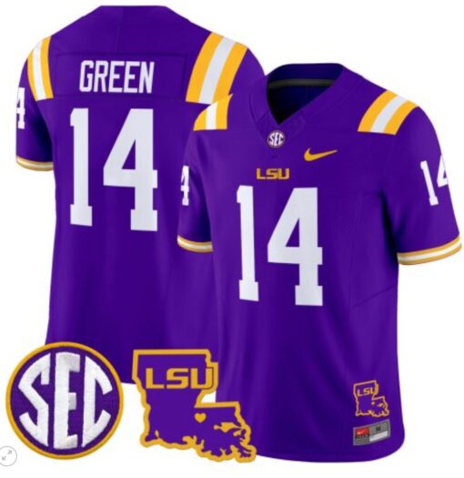 Trey'Dez Green Jersey #14 LSU Tigers 2024 Louisiana Patch Vapor Limited College Football Stitched Purple