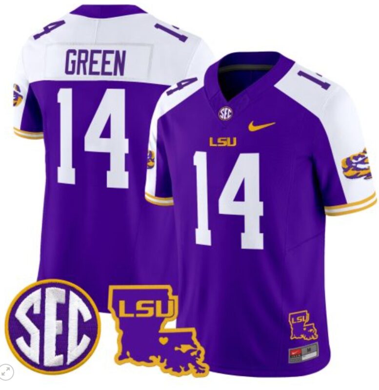 Trey'Dez Green Jersey #14 LSU Tigers 2024 Louisiana Patch Vapor Limited College Football Stitched Purple Alternate