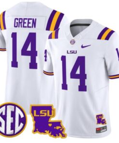 Trey'Dez Green Jersey #14 LSU Tigers 2024 Louisiana Patch Vapor Limited College Football Stitched White