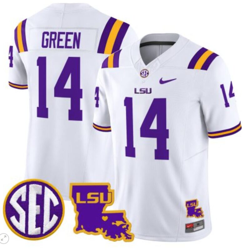 Trey'Dez Green Jersey #14 LSU Tigers 2024 Louisiana Patch Vapor Limited College Football Stitched White
