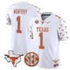 Xavier Worthy Jersey #1 Texas Longhorns State Map and Sec Patch Vapor Limited College Football Stitched White