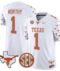 Xavier Worthy Jersey #1 Texas Longhorns State Map and Sec Patch Vapor Limited College Football Stitched White