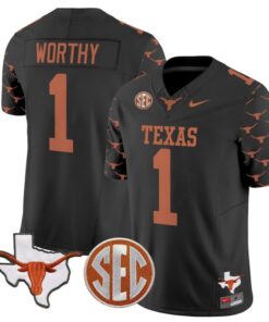 Xavier Worthy Jersey #1 Texas Longhorns State Map and Sec Patch Vapor Limited College Football Stitched Black