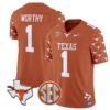 Xavier Worthy Jersey #1 Texas Longhorns State Map and Sec Patch Vapor Limited College Football Stitched Texas Orange