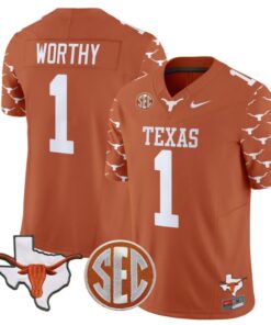 Xavier Worthy Jersey #1 Texas Longhorns State Map and Sec Patch Vapor Limited College Football Stitched Texas Orange