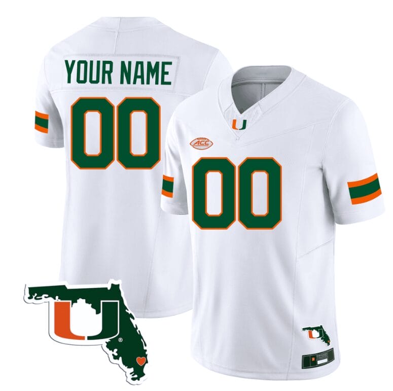 Custom Miami Hurricanes Jersey Name and Number Florida Map College Football Stitched White 8 Custom Miami Hurricanes Jersey Name and Number Florida Map College Football Stitched White