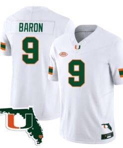 Tyler Baron Jersey #9 Miami Hurricanes Florida Map College Football Stitched White