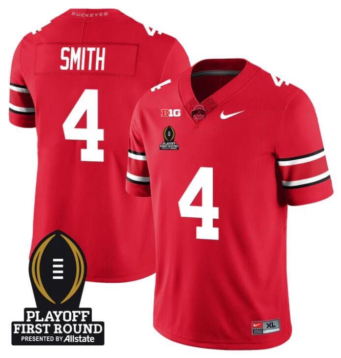 Jeremiah Smith Jersey #4 Ohio State Buckeyes Playoff First Round Patch Scarlet 8 Jeremiah Smith Jersey #4 Ohio State Buckeyes Playoff First Round Patch Scarlet