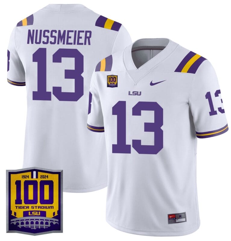 Garrett Nussmeier Jersey #13 LSU Tigers 100 Years of Tiger Stadium Patch All Stitched