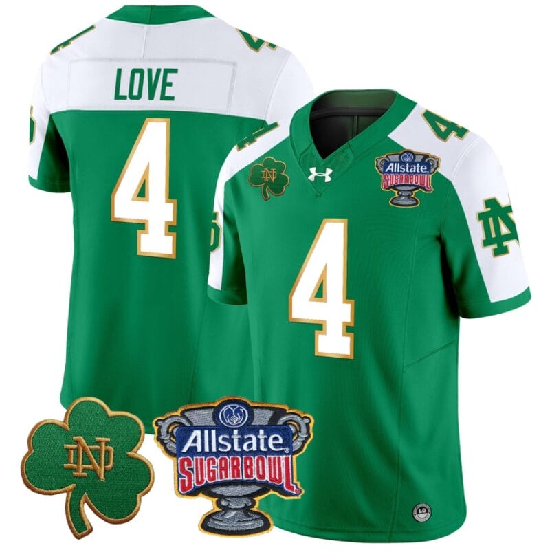Jeremiyah Love Jersey #4 Notre Dame 2024 Sugar Bowl Patch V2 All Stitched