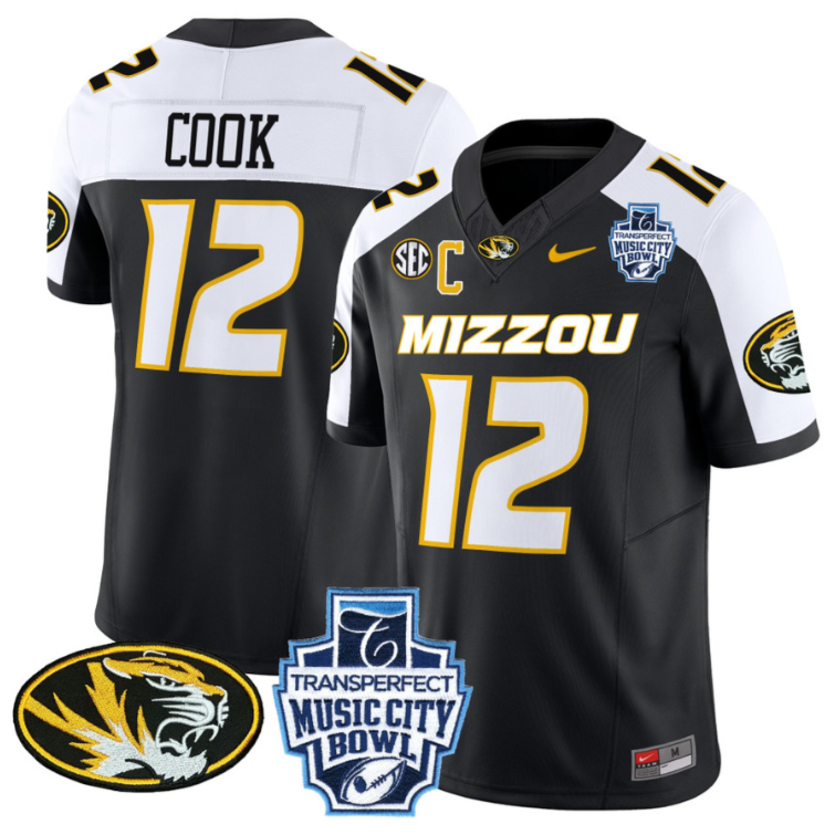 Brady Cook Jersey #12 Missouri Tigers 2024 Music City Bowl Stitched Football 1 Brady Cook Jersey #12 Missouri Tigers 2024 Music City Bowl Stitched Football