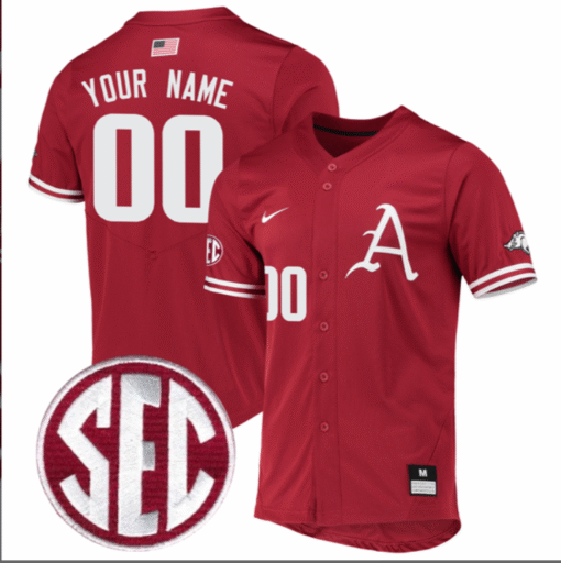 Custom Arkansas Razorbacks Jersey Cardinal Full Button SEC Patch Stitched Baseball