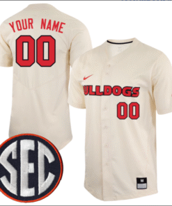 Custom Georgia Bulldogs Baseball Natural Full Button Jersey All Stitched SEC Patch