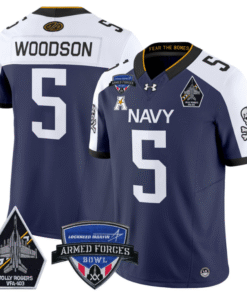 Alternative view of Braxton Woodson Jersey #5 Navy Midshipmen 2025 Armed Forces Bowl Stitched Football