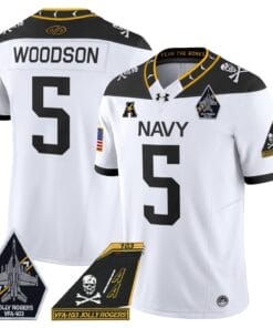 Alternative view of Braxton Woodson Jersey #5 Navy Midshipmen 2024 Jolly Rogers Patch Stitched Football