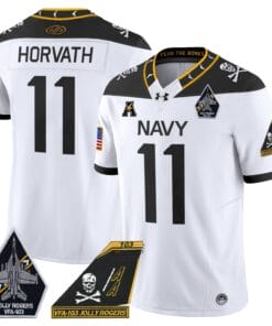 Alternative view of Blake Horvath Jersey #11 Navy Midshipmen 2024 Jolly Rogers Patch Stitched Football