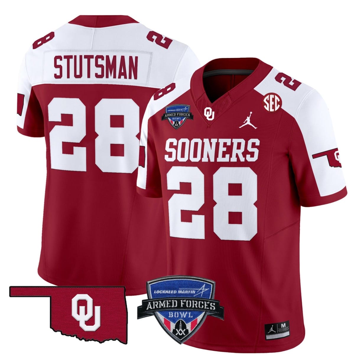 Danny Stutsman Jersey #28 Oklahoma Sooners 2025 Armed Forces Bowl Patch Stitched Football 1 Danny Stutsman Jersey #28 Oklahoma Sooners 2025 Armed Forces Bowl Patch Stitched Football