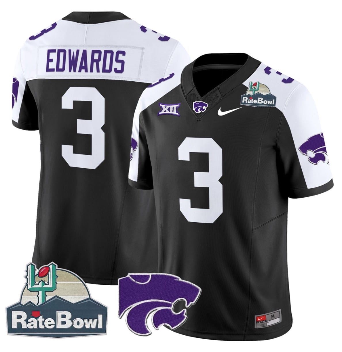 Dylan Edwards Jersey #3 Kansas State Wildcats 2025 Rate Bowl Patch Stitched Football 1 Dylan Edwards Jersey #3 Kansas State Wildcats 2025 Rate Bowl Patch Stitched Football