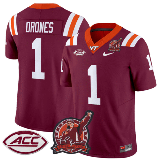 Kyron Drones Jersey #1 Virginia Tech Hokies Coach Frank Beamer Patch Stitched Football - Image 4