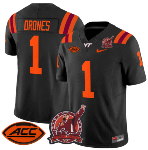 Kyron Drones Jersey #1 Virginia Tech Hokies Coach Frank Beamer Patch Stitched Football - Image 5