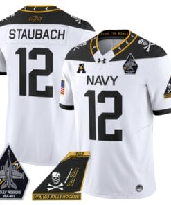 Alternative view of Roger Staubach Jersey #12 Navy Midshipmen 2024 Jolly Rogers Patch Stitched Football
