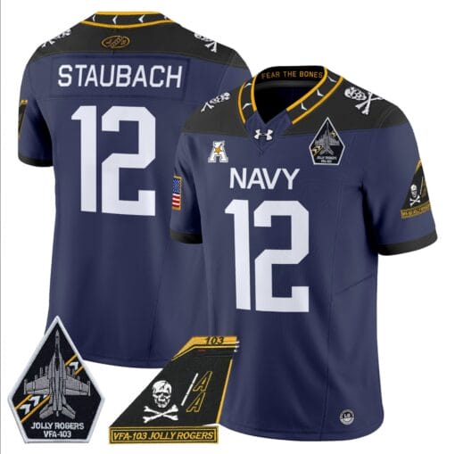 Roger Staubach Jersey #12 Navy Midshipmen 2024 Jolly Rogers Patch Stitched Football - Image 3