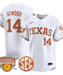 Alternative view of Reese Atwood Jersey #14 Texas Longhorns 2025 National Champions Stitched Baseball