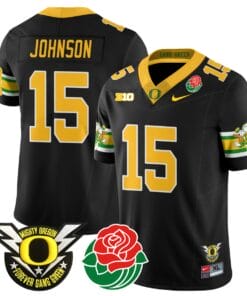 Alternative view of Tez Johnson Jersey #15 Oregon Ducks 2024 Mighty Rose Bowl Patch Stitched Football