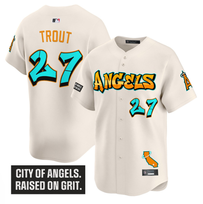 Mike Trout Jersey #27 Los Angeles Angels Graffiti Halo Drop Edition Stitched Baseball 4 Mike Trout Jersey #27 Los Angeles Angels Graffiti Halo Drop Edition Stitched Baseball - Image 4