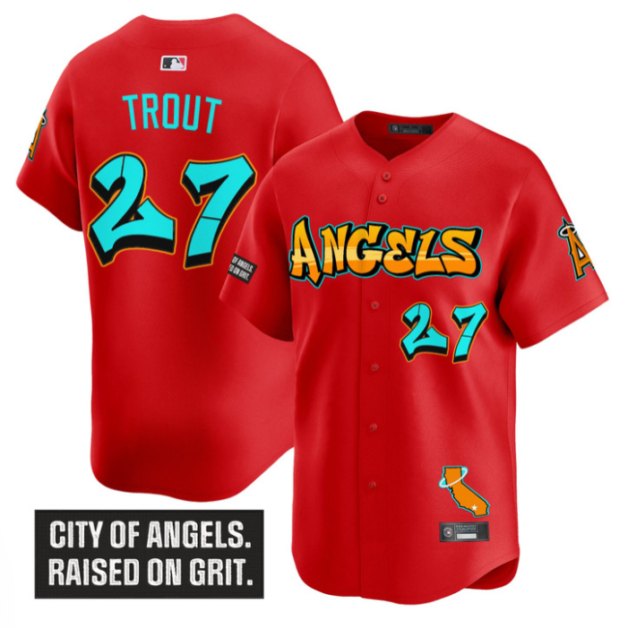 Mike Trout Jersey #27 Los Angeles Angels Graffiti Halo Drop Edition Stitched Baseball 3 Mike Trout Jersey #27 Los Angeles Angels Graffiti Halo Drop Edition Stitched Baseball - Image 3